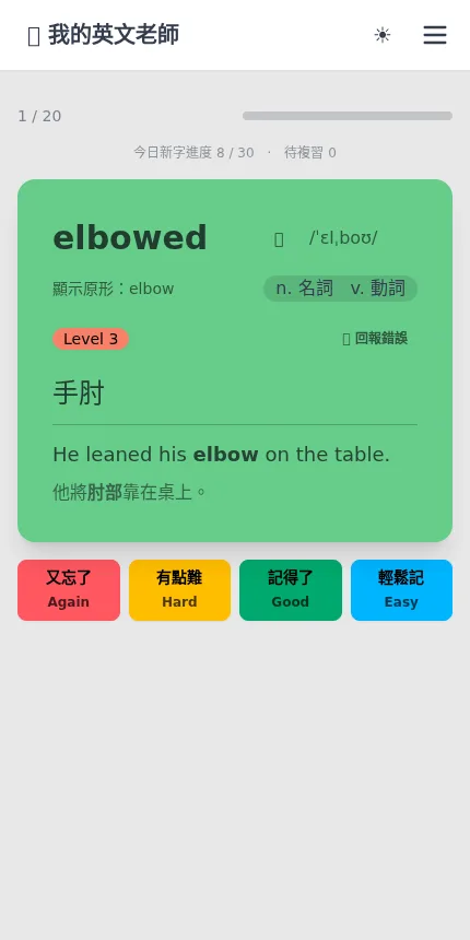 單字卡翻面，顯示翻譯例句與四個評分按鈕
